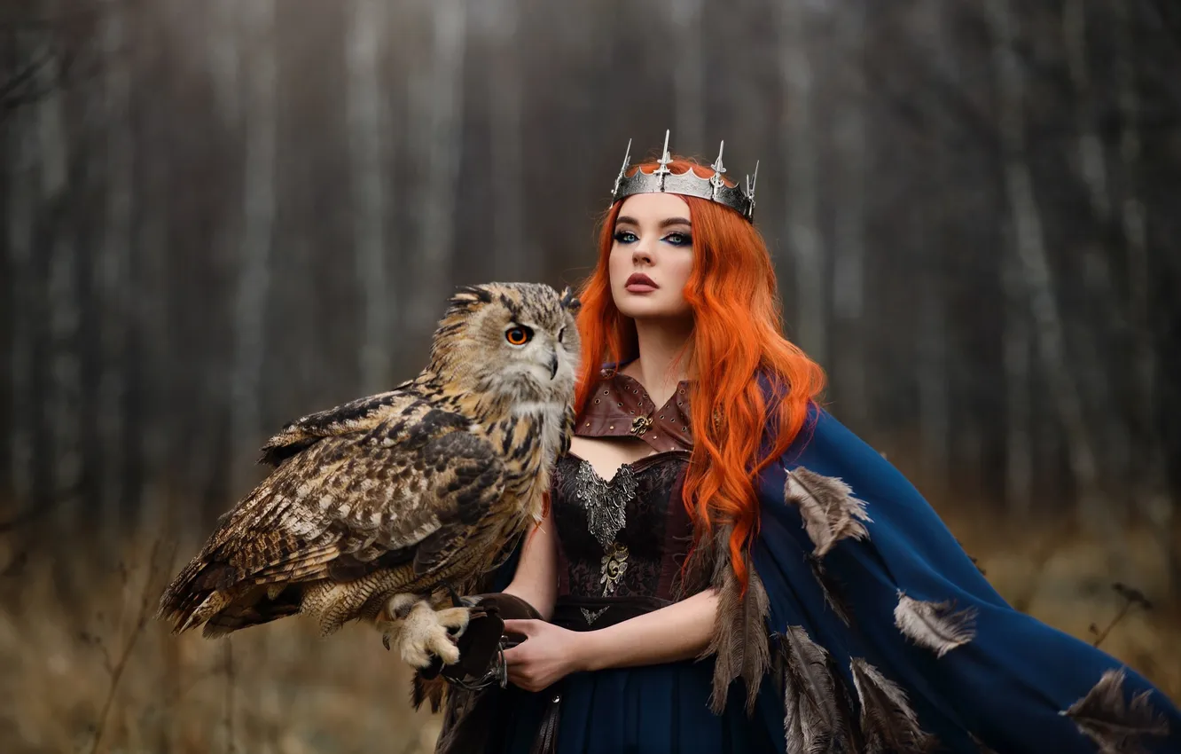 Photo wallpaper forest, girl, nature, pose, style, owl, bird, crown