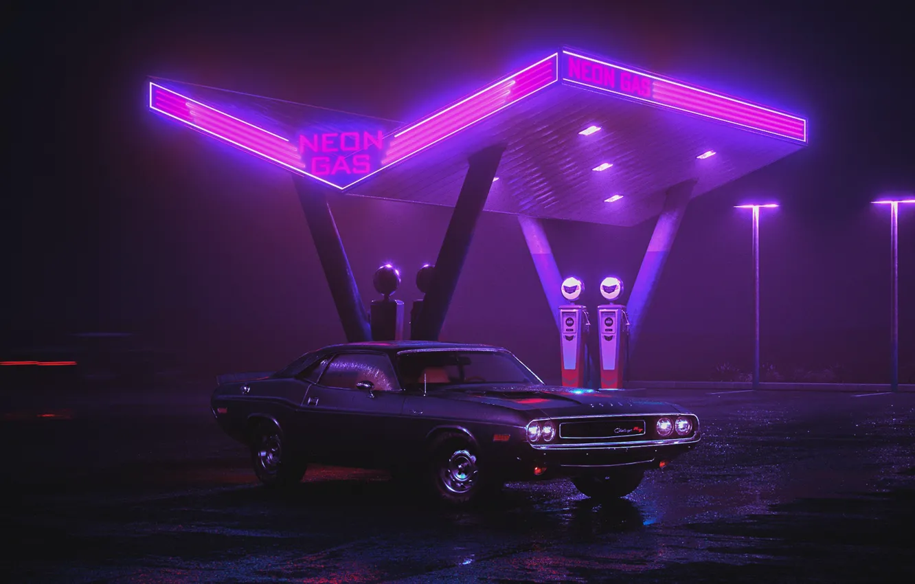 Photo wallpaper Auto, Night, Neon, Retro, Machine, Background, Dodge, Dressing