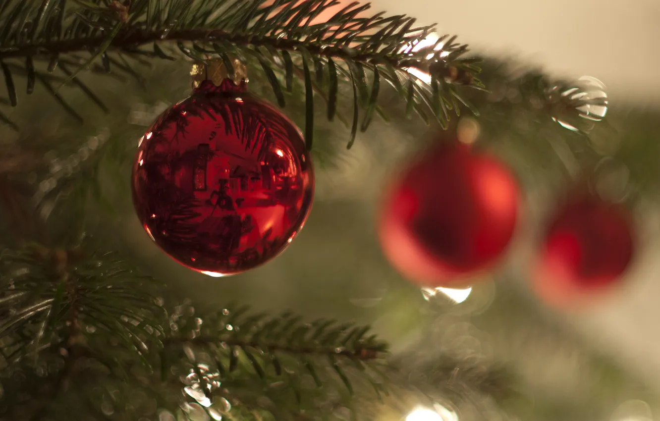 Photo wallpaper balls, tree, new year, Christmas, branch, decoration