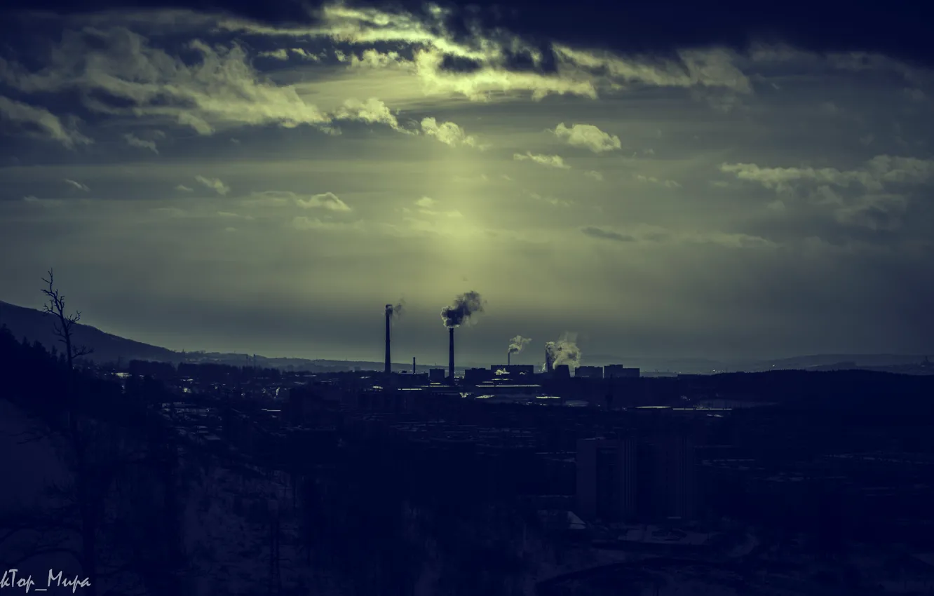 Photo wallpaper sunset, mountains, the city, smoke, pipe, pair, Miass