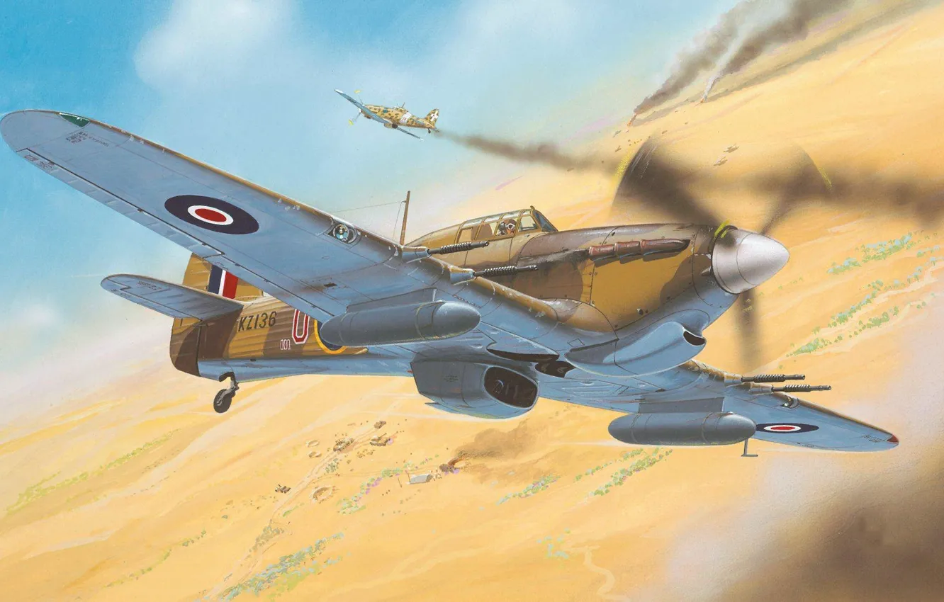 Photo wallpaper war, desert, figure, fighter, art, Hawker, Hurricane Mk II
