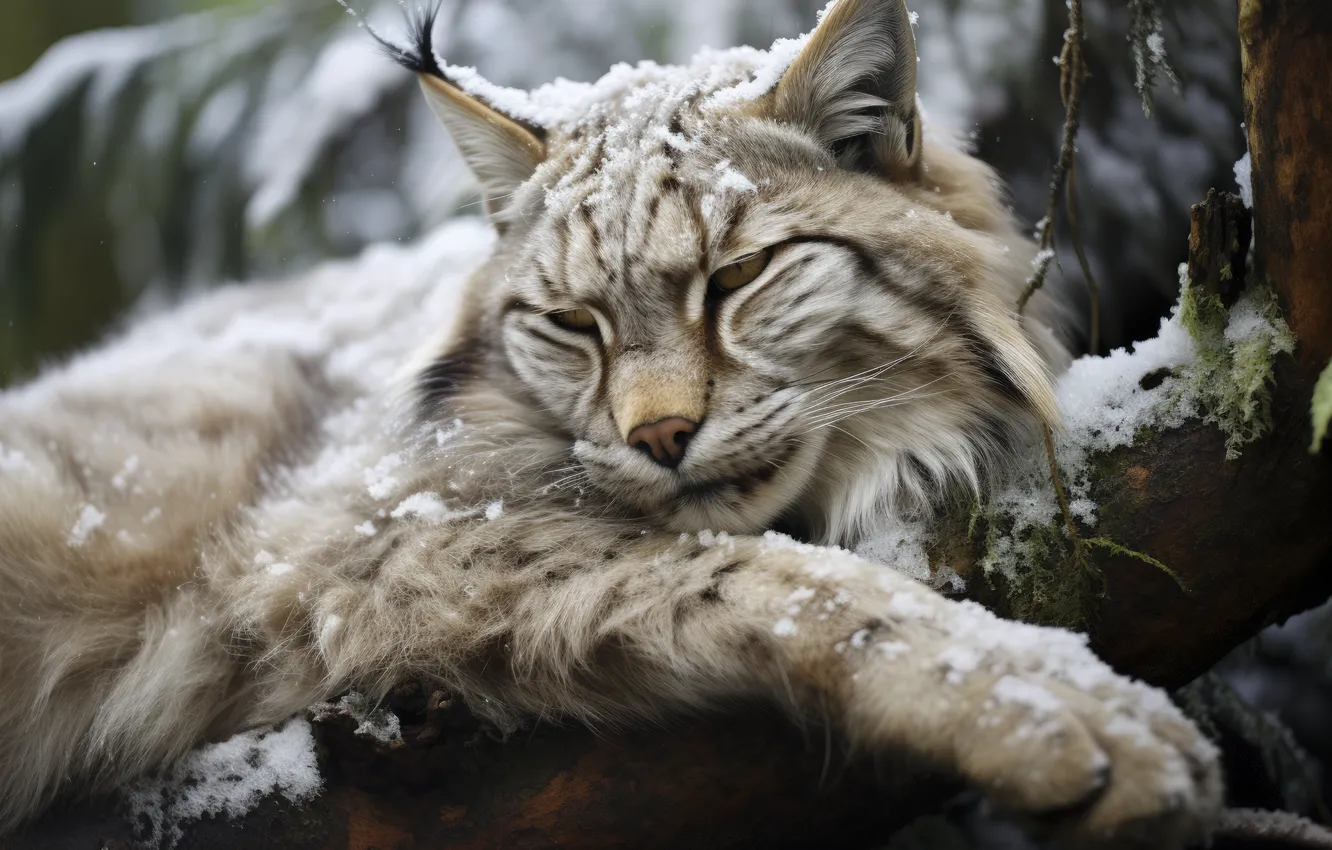 Photo wallpaper winter, face, snow, pose, sleep, sleeping, lynx, face