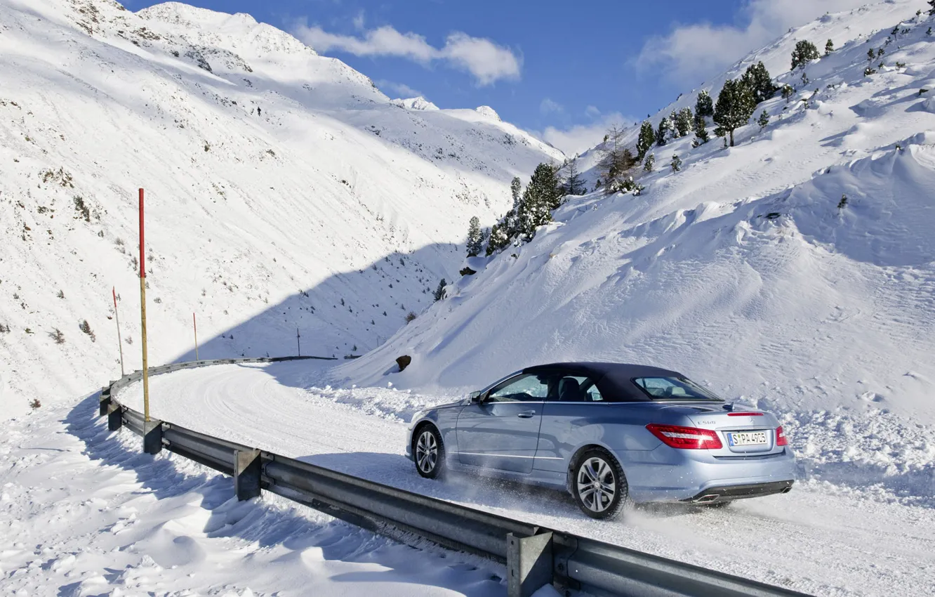 Photo wallpaper winter, road, mountains, Mercedes Benz, E cabrio