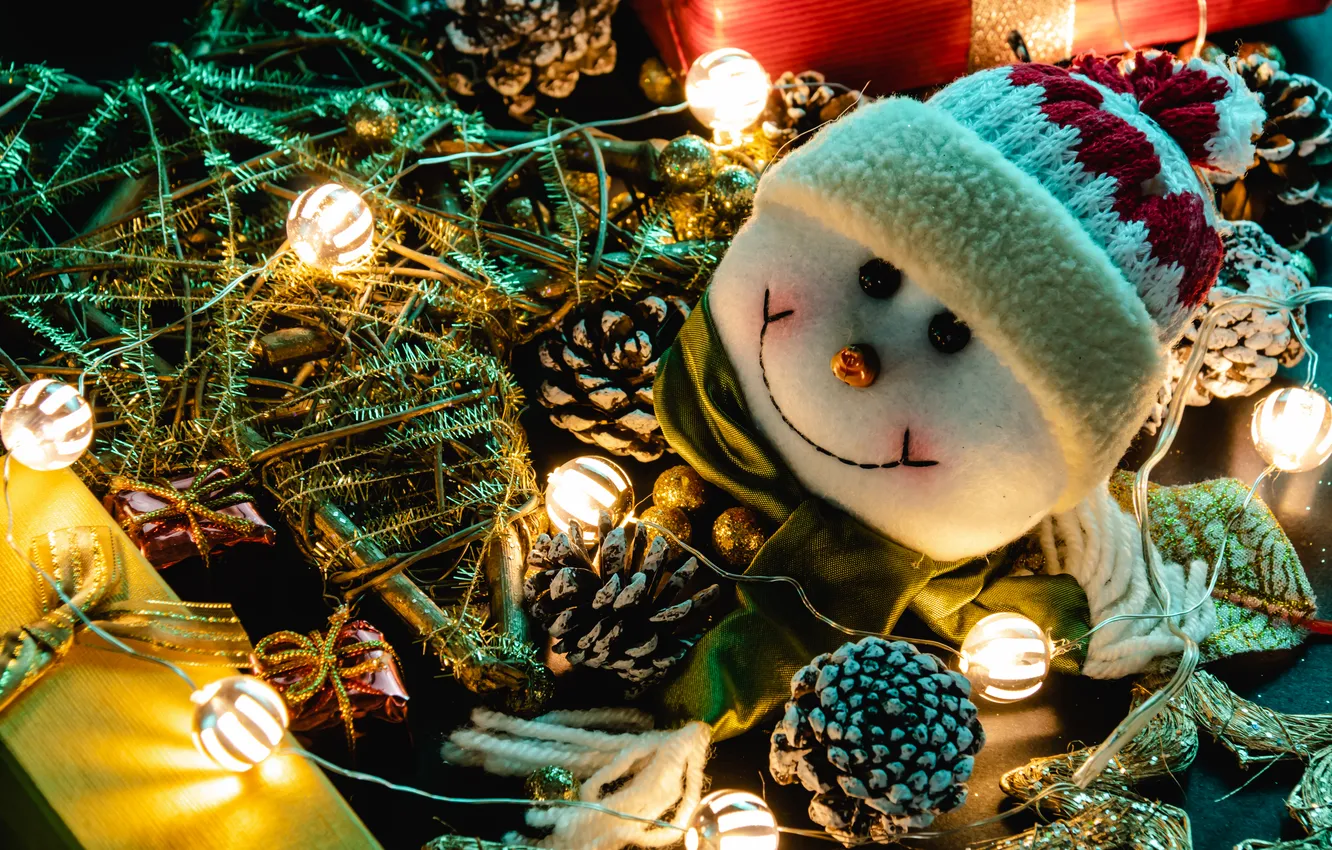 Photo wallpaper balls, light, lights, toy, new year, Christmas, snowman, garland