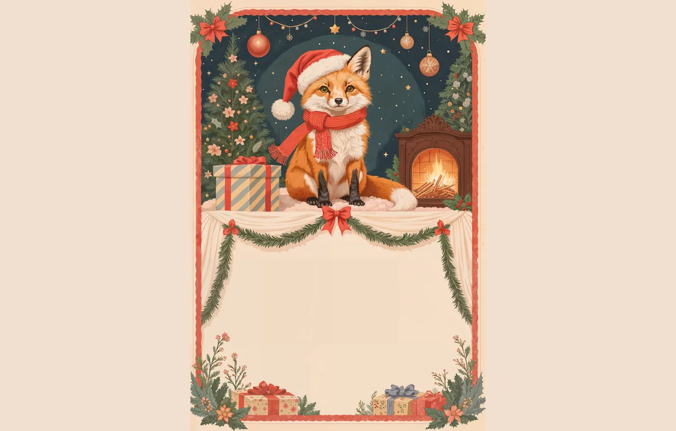 Photo wallpaper look, balls, gift, frame, scarf, Christmas, Fox, New year