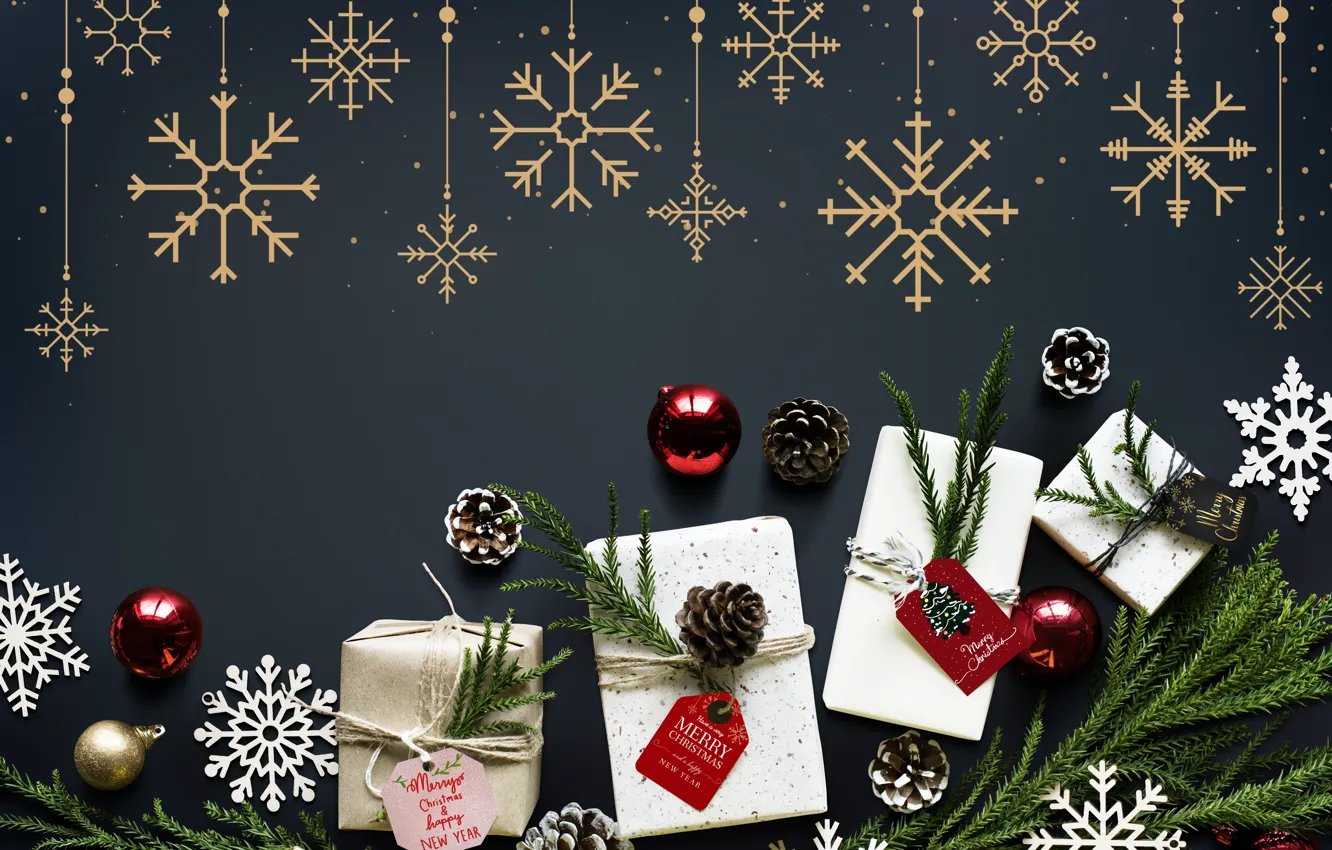 Photo wallpaper snowflakes, background, holiday, gift, toy, new year
