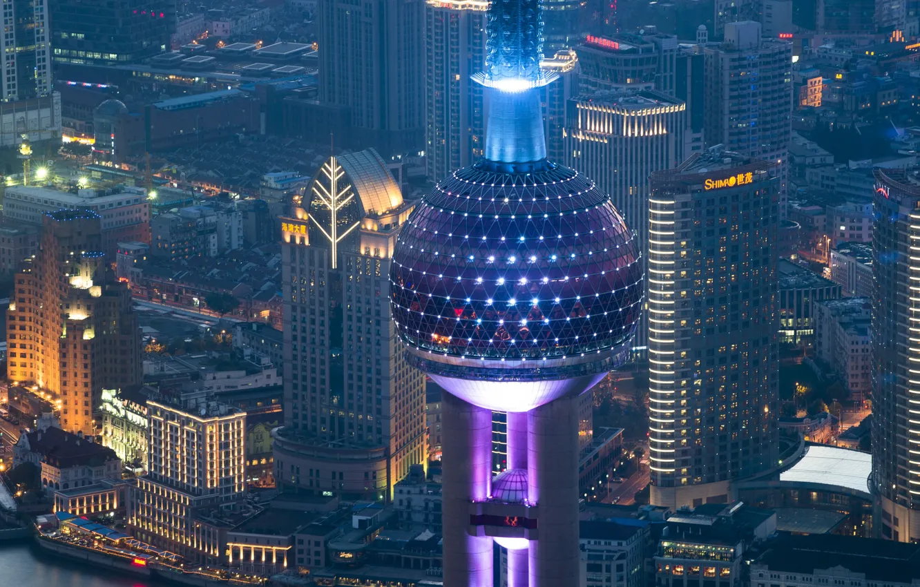 Photo wallpaper night, lights, tower, panorama, China, Shanghai