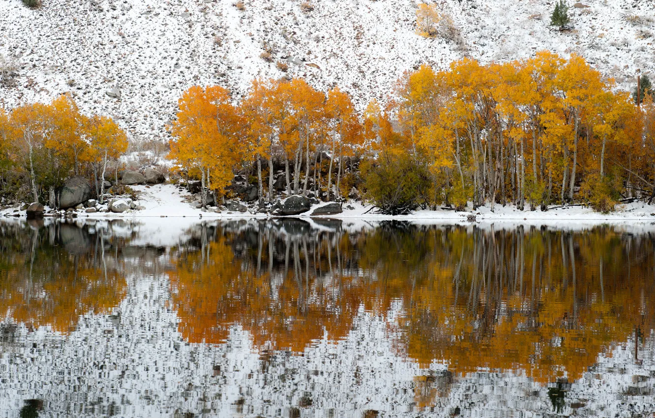 Photo wallpaper autumn, snow, trees, lake, reflection, slope