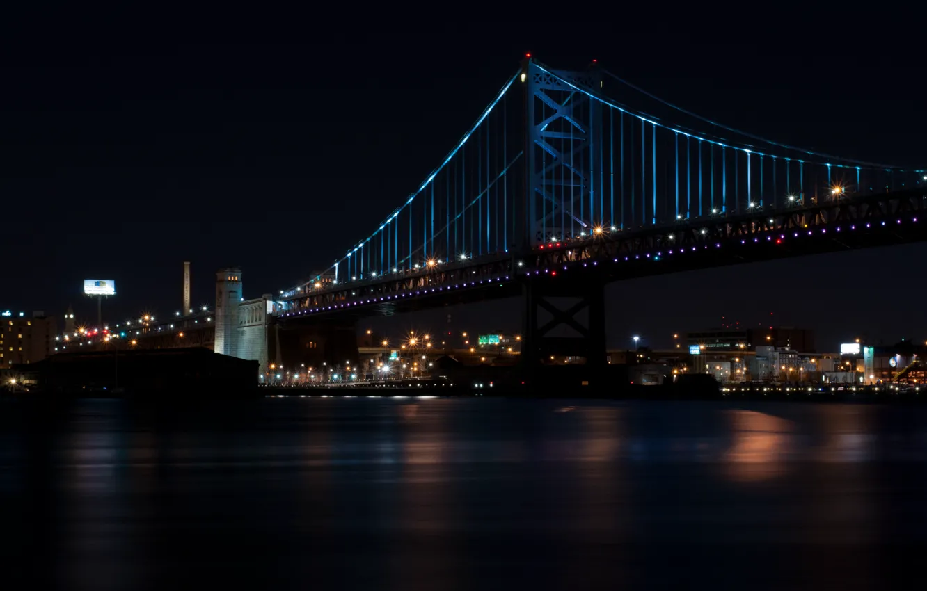 Photo wallpaper night, bridge, city, river, building, USA, USA, Philadelphia
