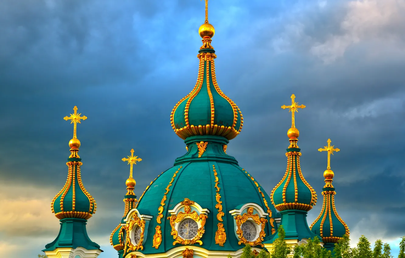 Photo wallpaper the sky, clouds, trees, clouds, Church, temple, ornament, Ukraine