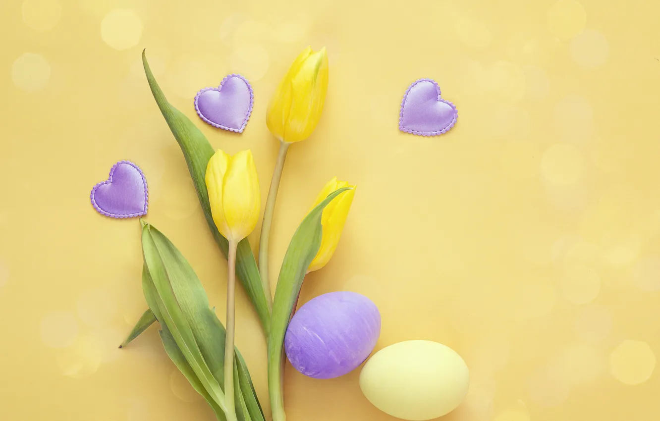 Photo wallpaper flowers, spring, Easter, hearts, tulips, wood, flowers, hearts