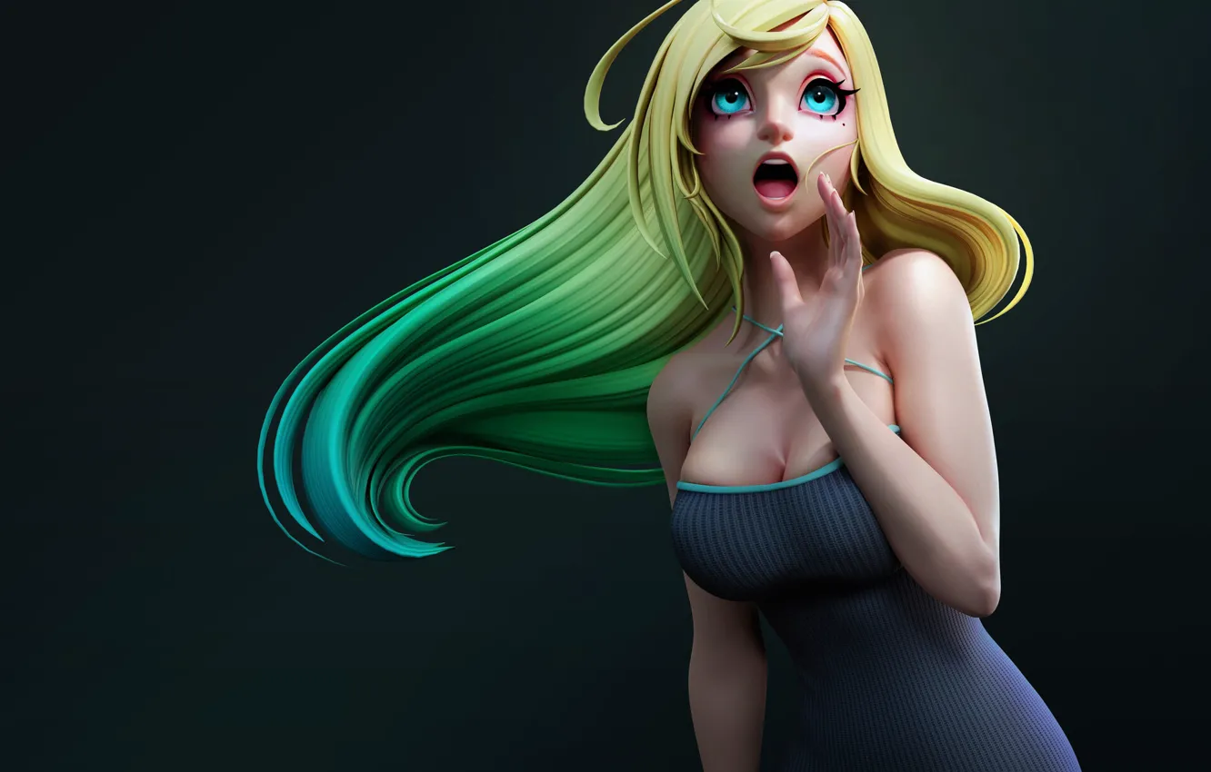 Photo wallpaper blue eyes, women, blonde, digital art, anime girls, open mouth, simple background, neckline
