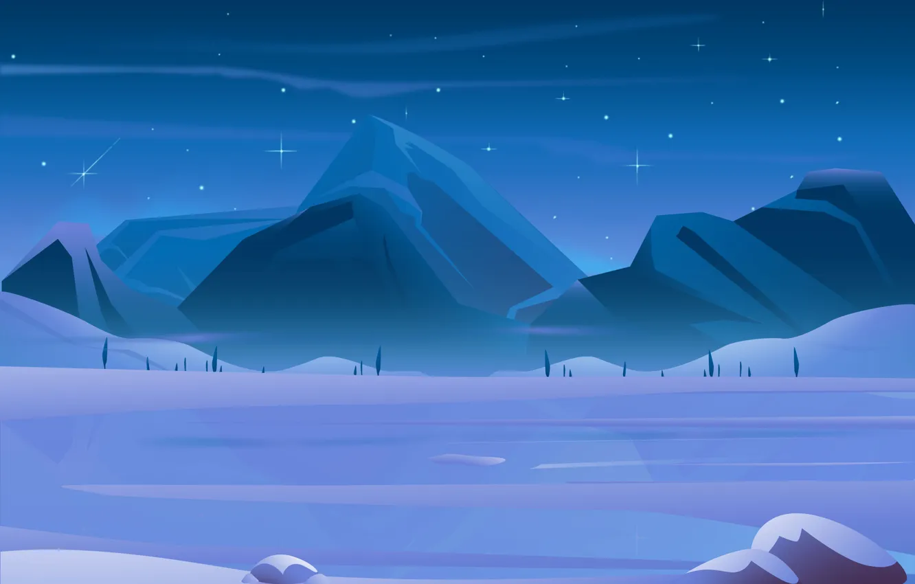Photo wallpaper winter, the sky, stars, snow, trees, landscape, mountains, night