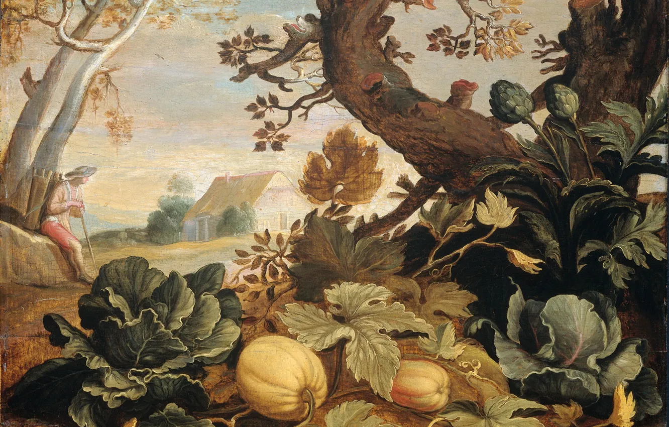 Photo wallpaper oil, picture, Abraham Bloemaert, Abraham Bloemaert, Landscape with Vegetables and Fruits in the Foreground, 1651