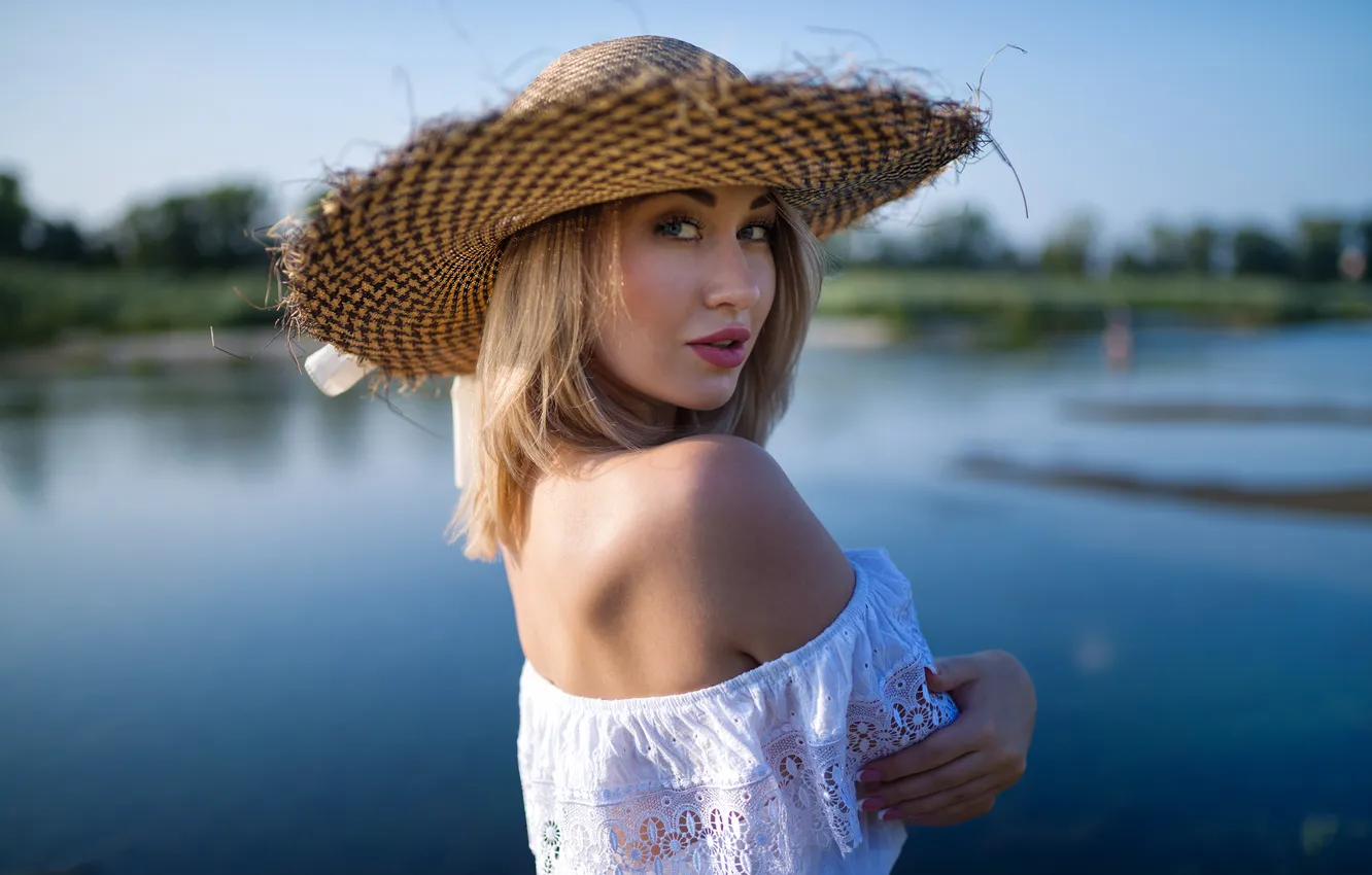 Photo wallpaper girl, lake, hat, blonde, Andrei Filonenko