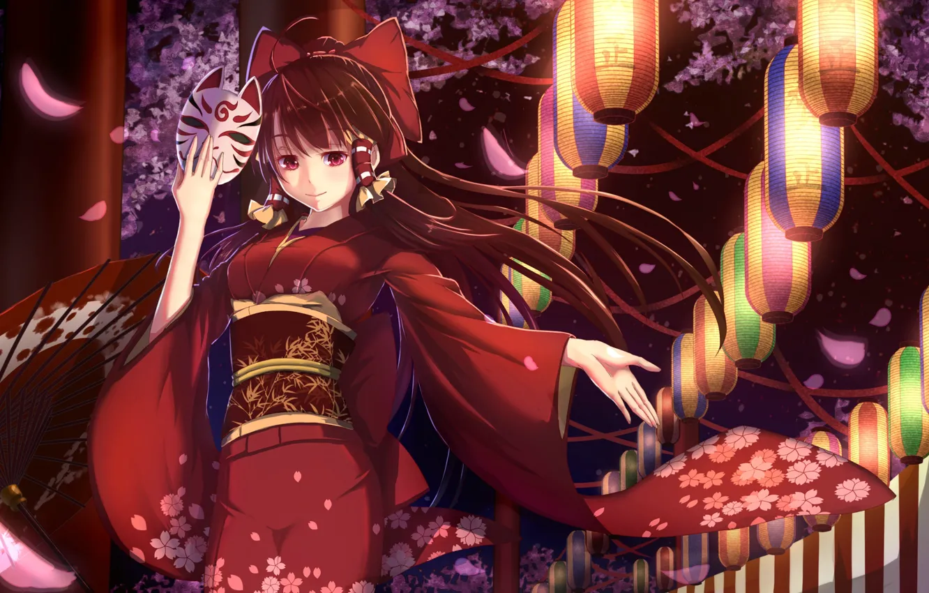 Photo wallpaper girl, smile, anime, petals, Sakura, mask, art, kimono