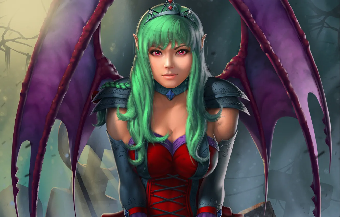 Photo wallpaper look, wings, art, green hair, vampire