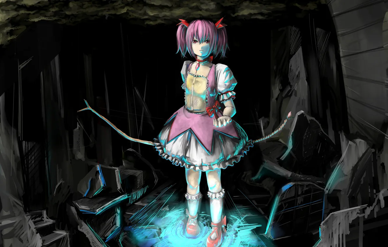 Photo wallpaper girl, weapons, bow, destruction, gesture, art, mahou shoujo madoka magica, madoka kaname