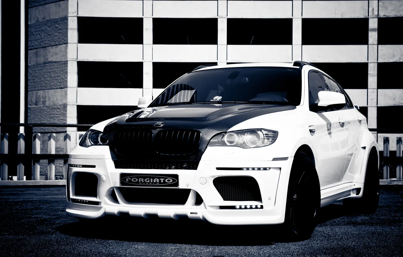 Photo wallpaper white, tuning, BMW, BMW, white, Hamann, X6M, carbon fiber hood