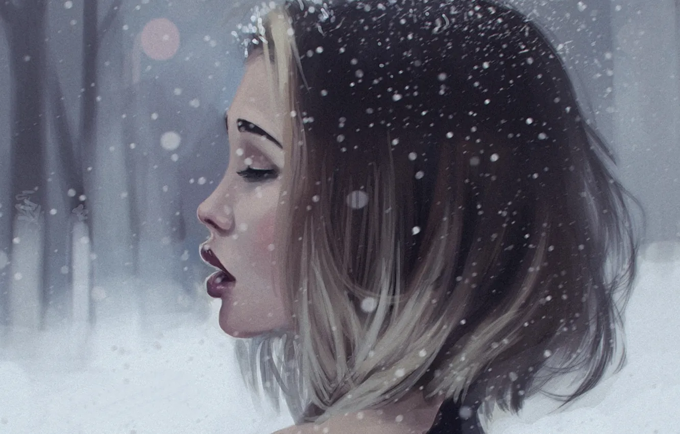 Photo wallpaper winter, girl, snow, face, art, lips