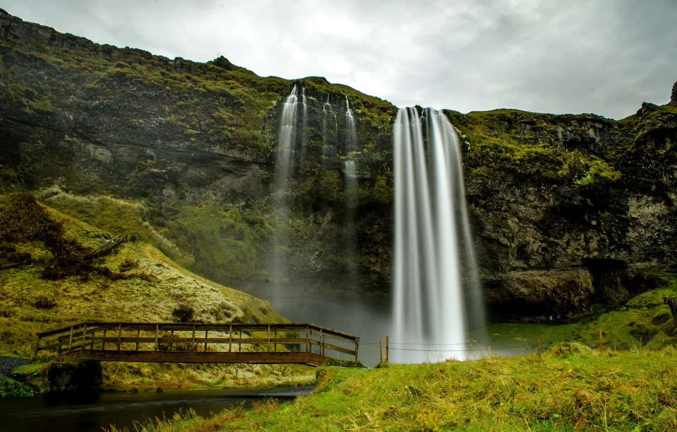 Photo wallpaper bridge, rock, waterfall, Iceland, Seljalandsfoss