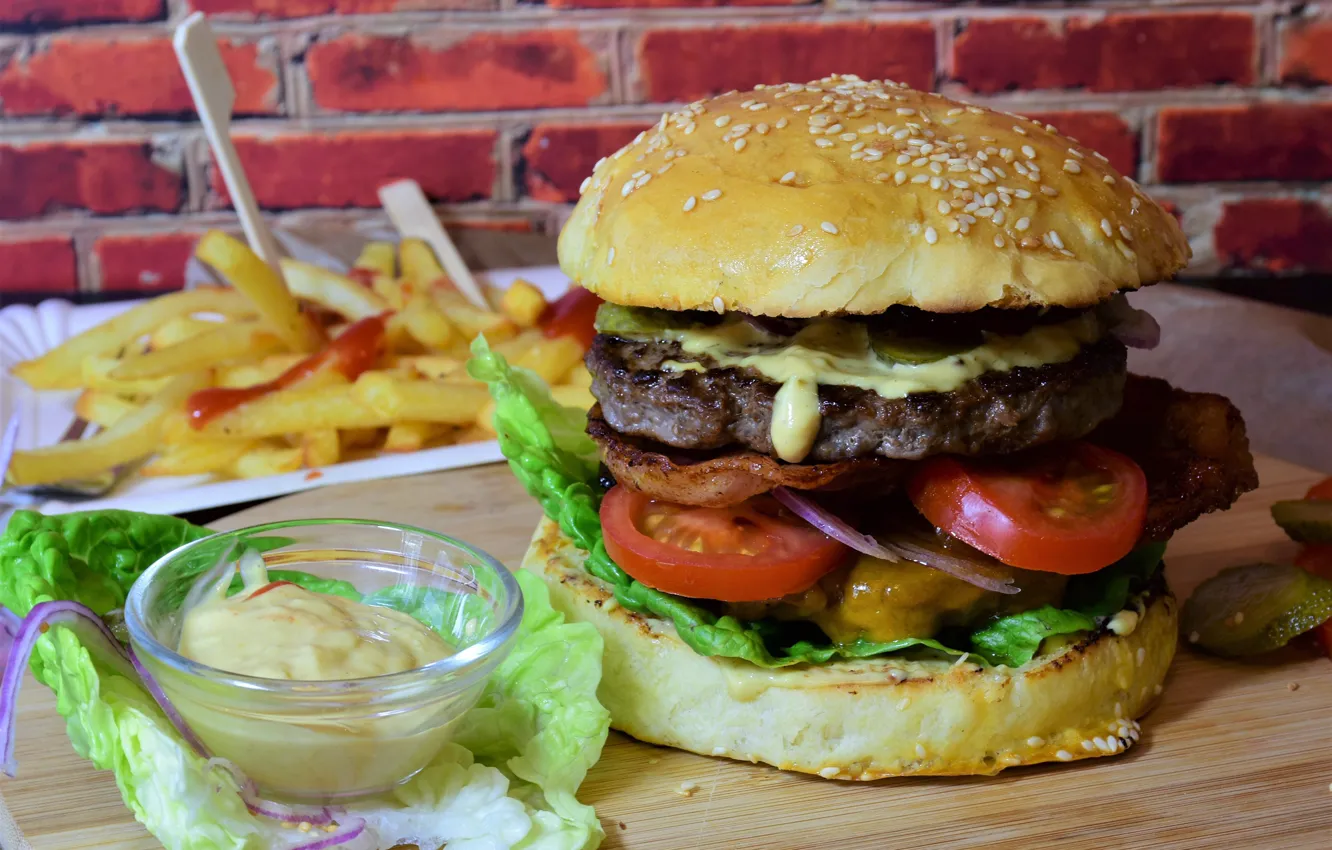 Photo wallpaper hamburger, meat, french, salad, burger, fries