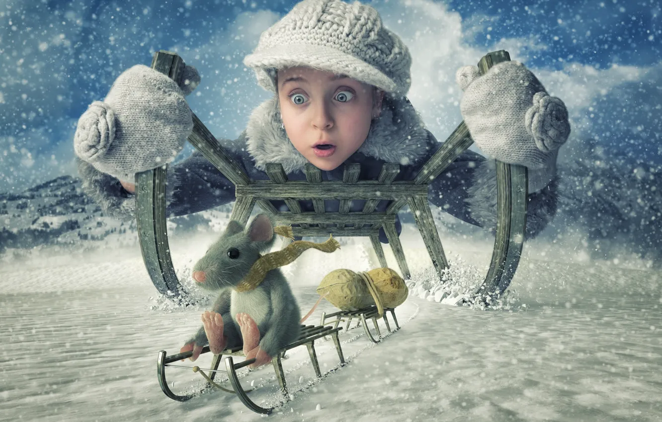 Photo wallpaper winter, snow, mouse, girl, sled, peanuts