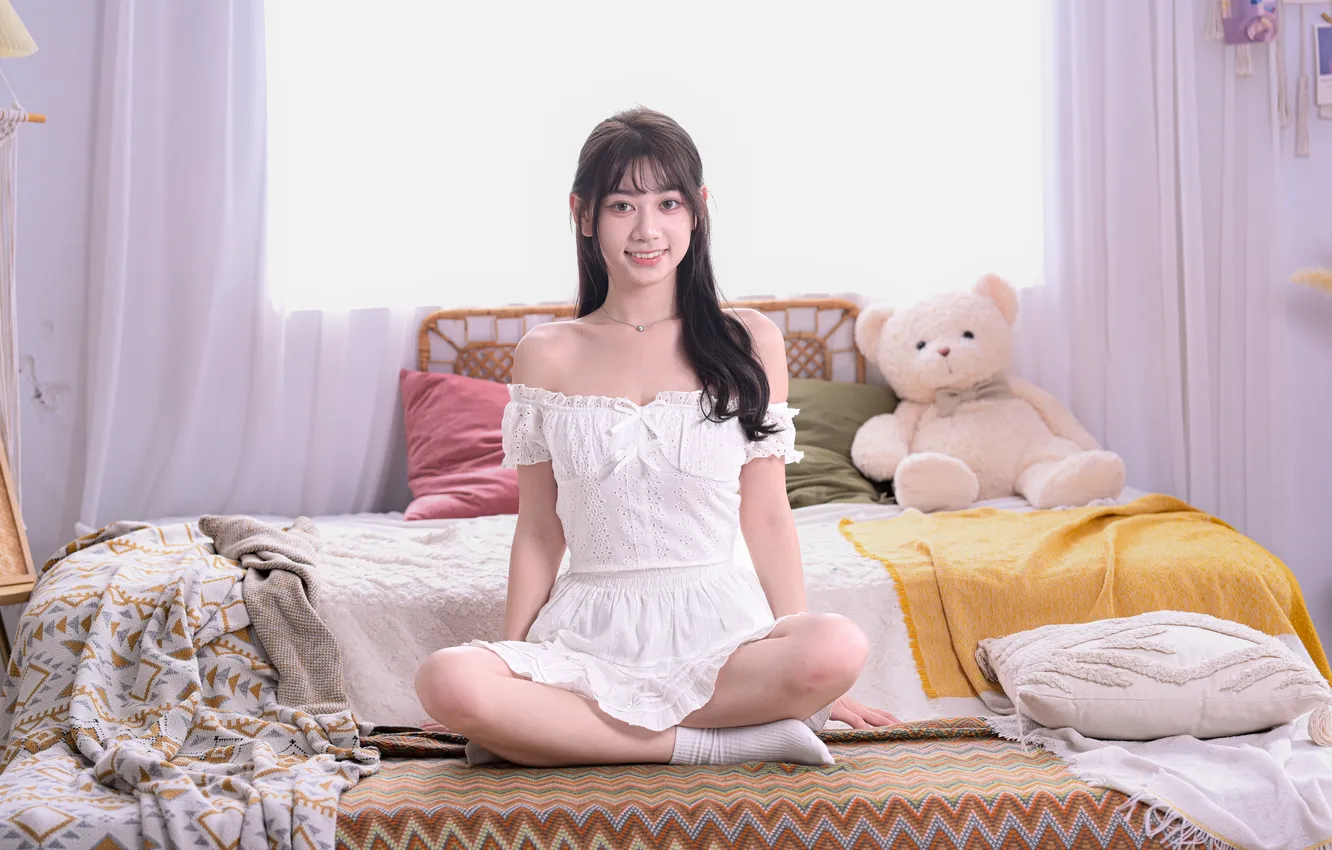 Photo wallpaper girl, pose, smile, dress, legs, Asian