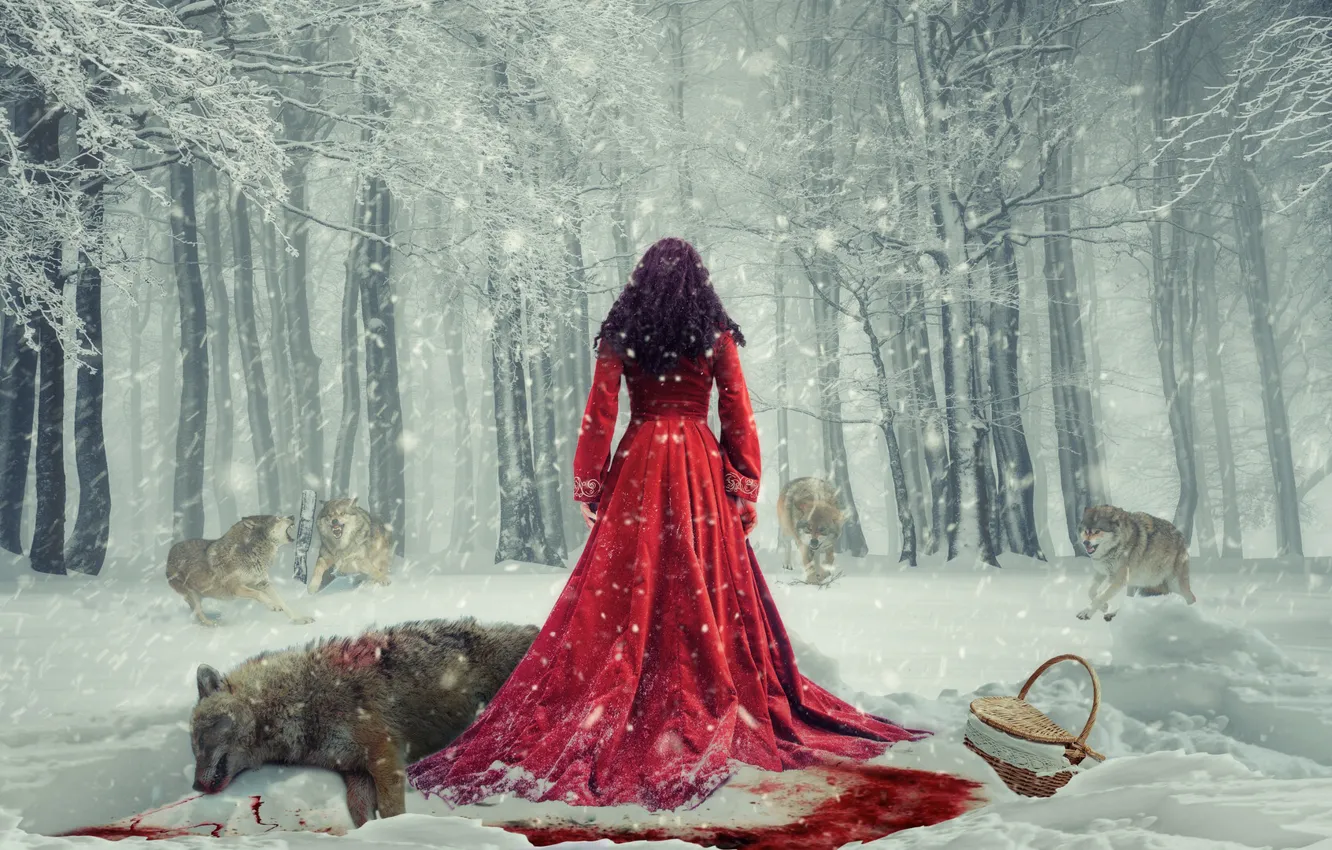 Photo wallpaper winter, forest, snow, basket, blood, wolf, Girl, pack