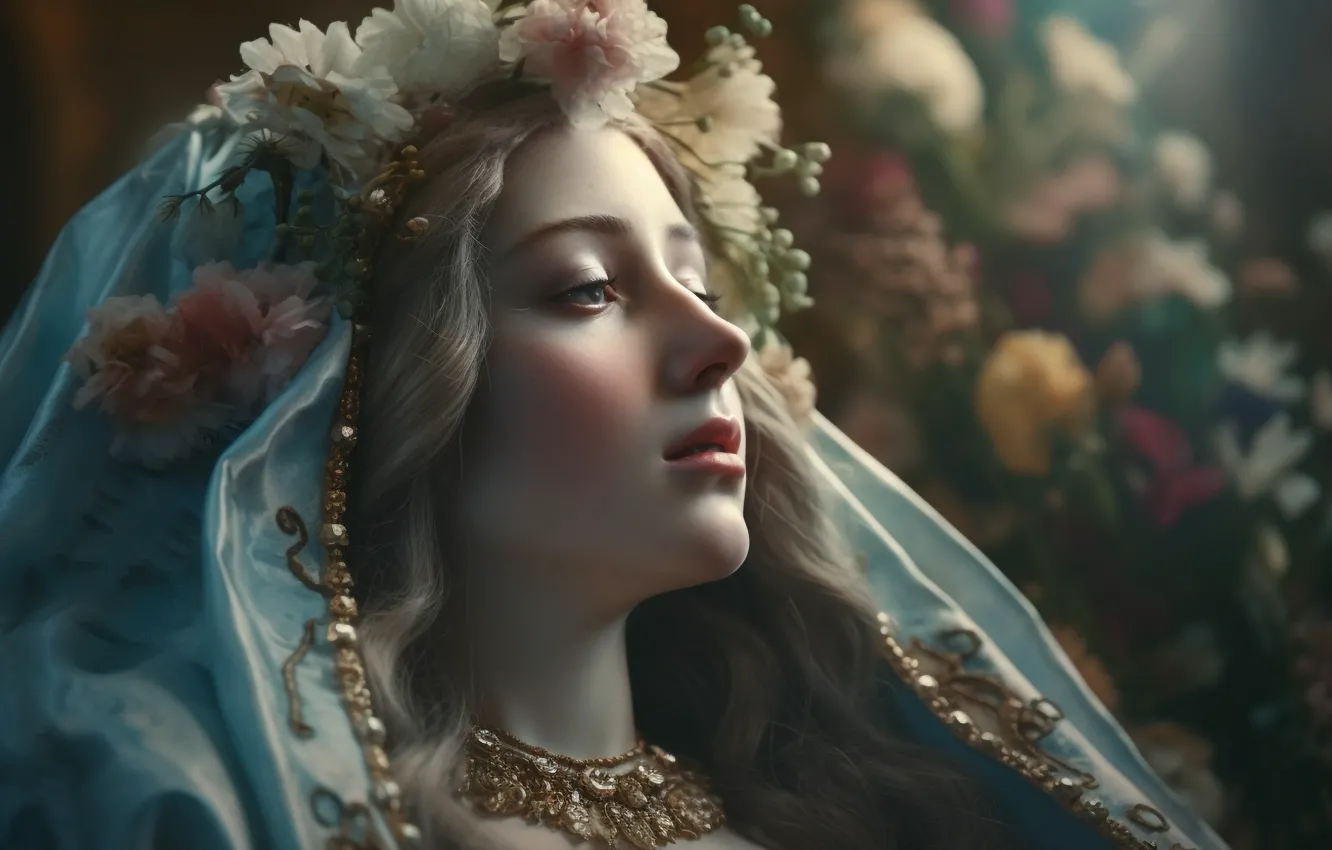 Photo wallpaper girl, flowers, face, digital art, AI art, The Art of Artificial Intelligence, neural network