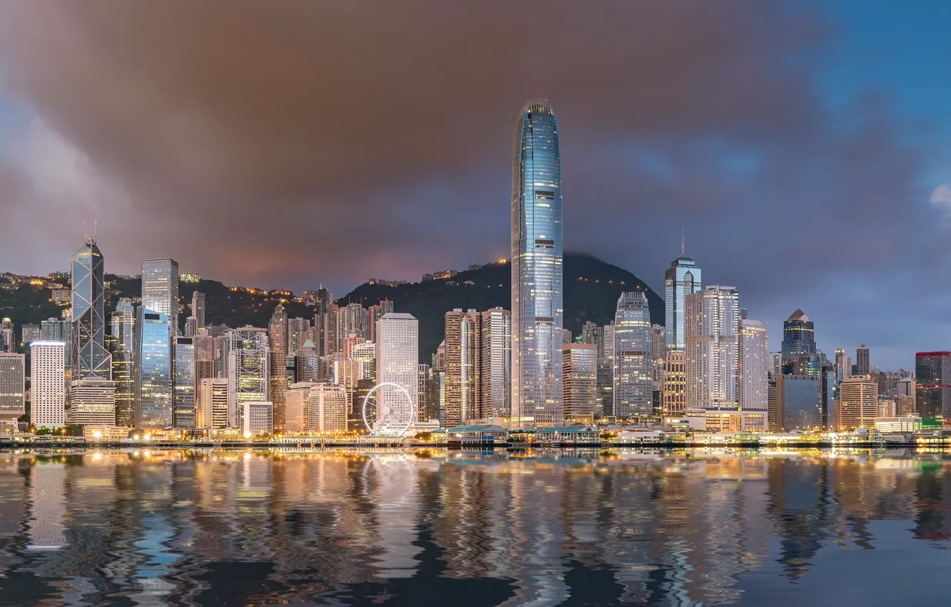 Photo wallpaper Hong Kong, skyscrapers, reflection, mountains, the city, lights, China, pond