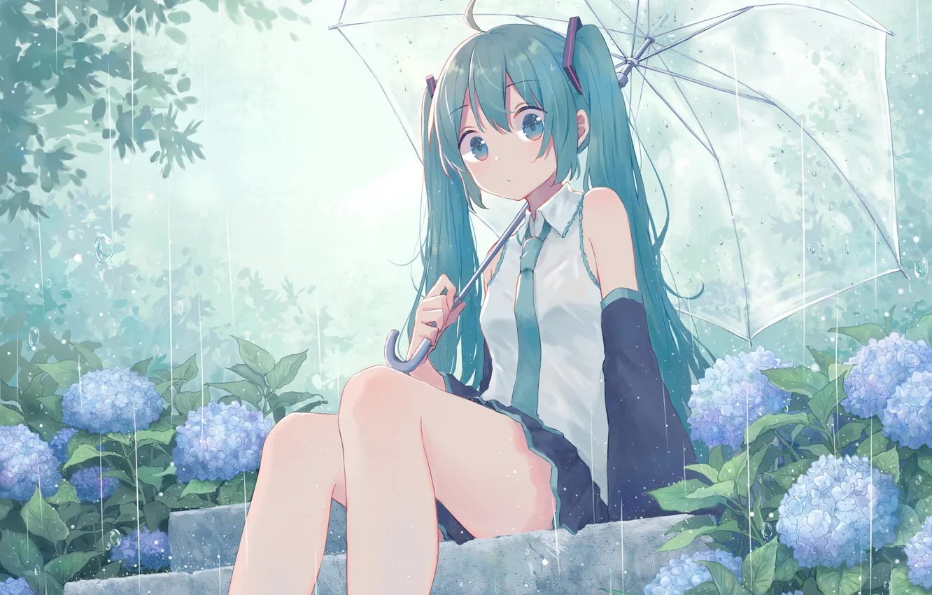 Photo wallpaper girl, rain, umbrella, steps, Vocaloid, Hatsune Miku, hydrangea
