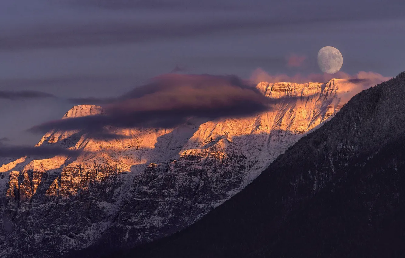 Photo wallpaper the sky, clouds, light, snow, mountains, rocks, the moon, tops