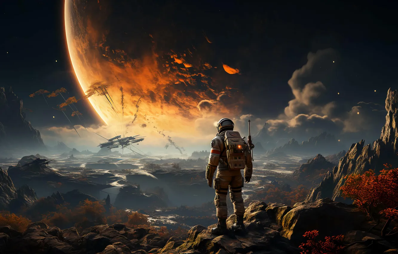 Photo wallpaper the sky, space, clouds, mountains, night, fog, stones, fiction