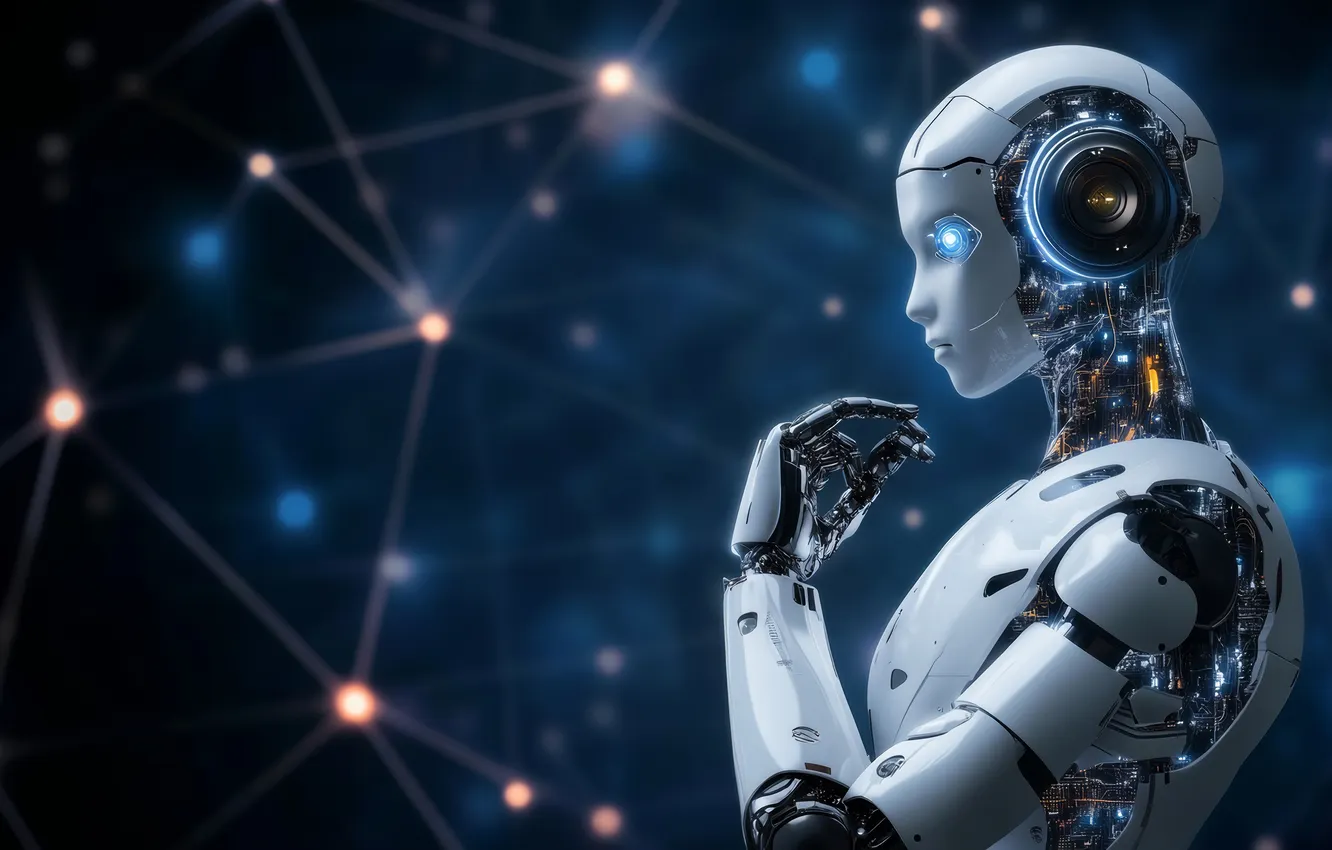Photo wallpaper robot, hands, profile, Android, blue background, AI art, neural network