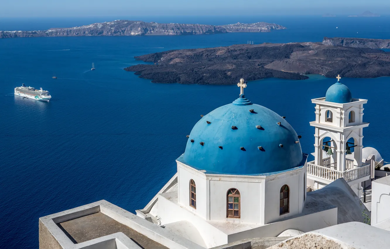 Photo wallpaper sea, Islands, Santorini, Greece, Church, liner, the dome, Santorini