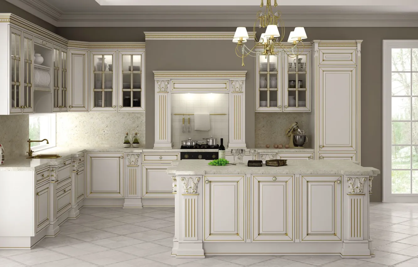 Photo wallpaper white, design, interior, kitchen, chandelier