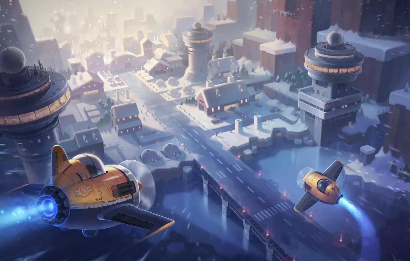 Photo wallpaper winter, the city, art, children's, airplane, Maplestory2 Illustration, JAY KIM