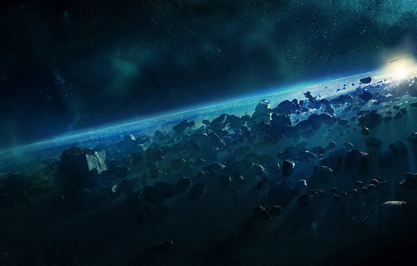 Photo wallpaper space, planet, stars, asteroids, space