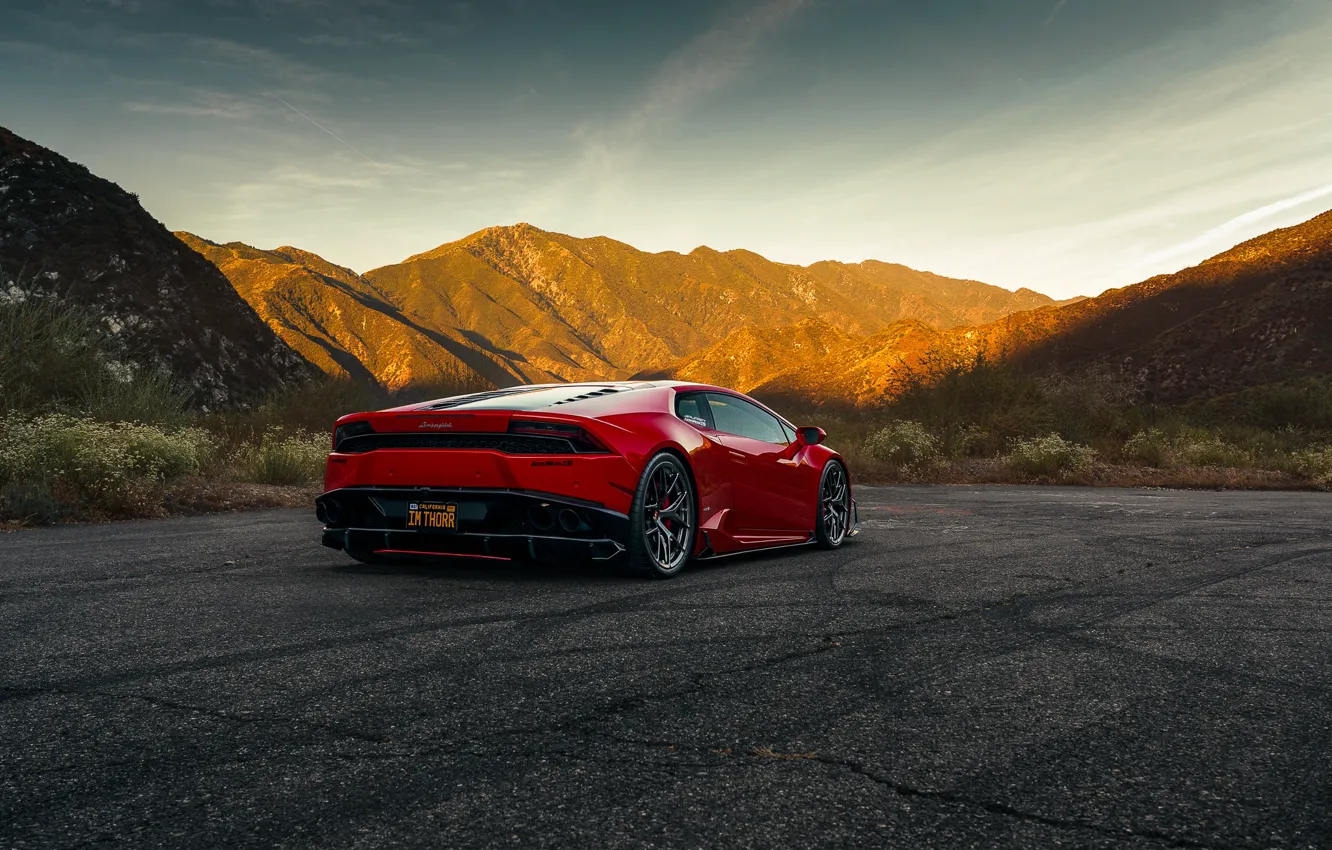 Photo wallpaper mountains, red, rear view, Lamborghini Huracan