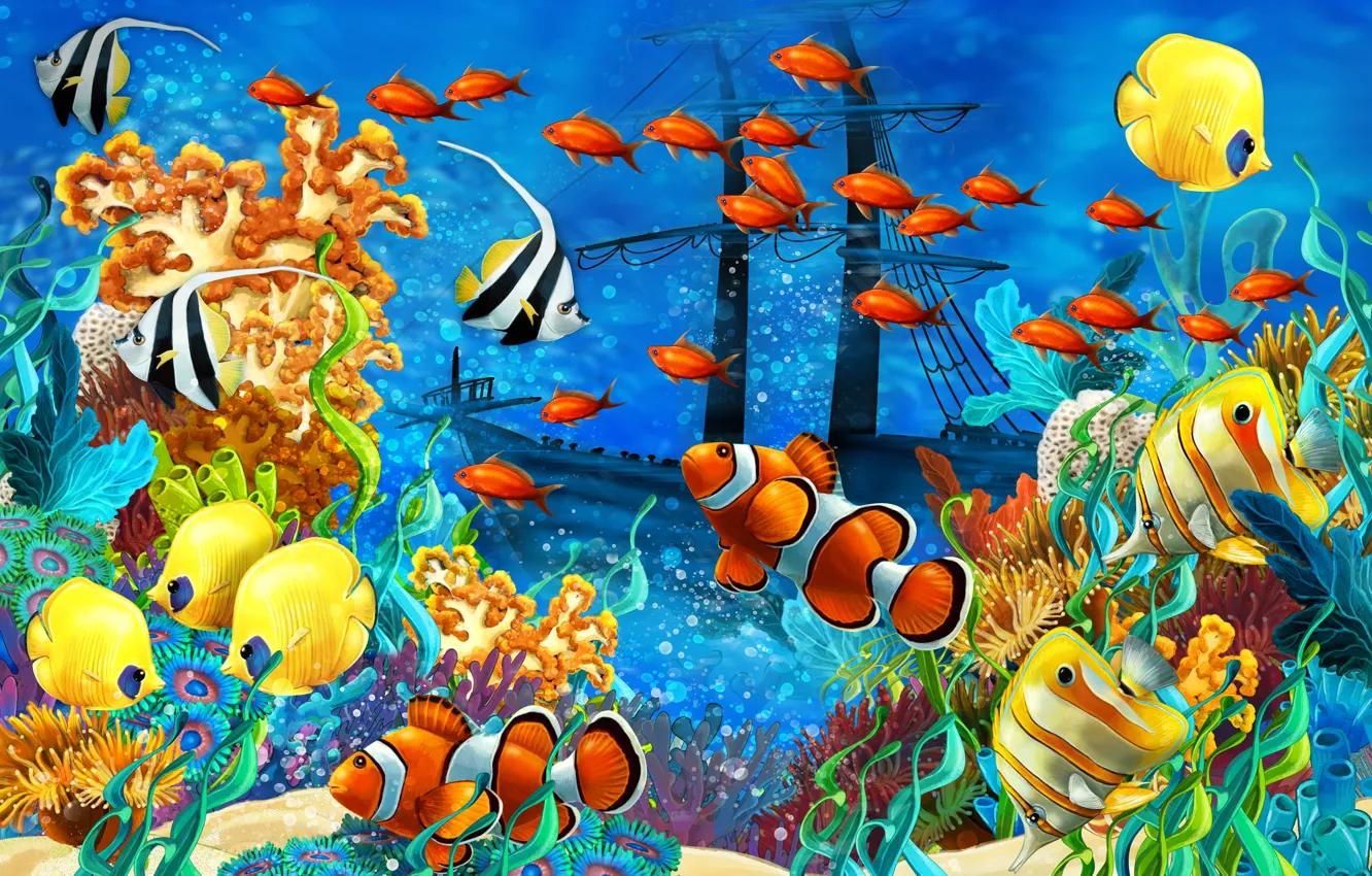 Photo wallpaper sea, fish, algae, ship, sailboat, corals, the bottom of the sea