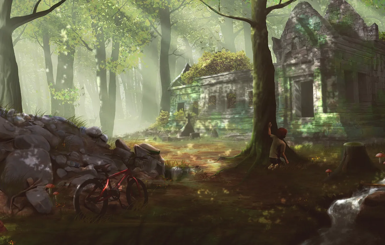 Photo wallpaper forest, bike, stream, temple, Mysterious Temple