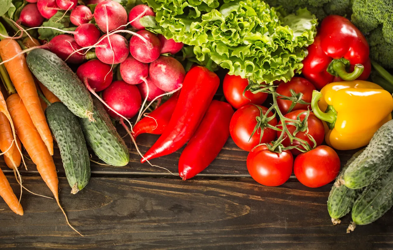 Photo wallpaper pepper, vegetables, tomatoes, carrots, cabbage, cucumbers, cuts, radishes