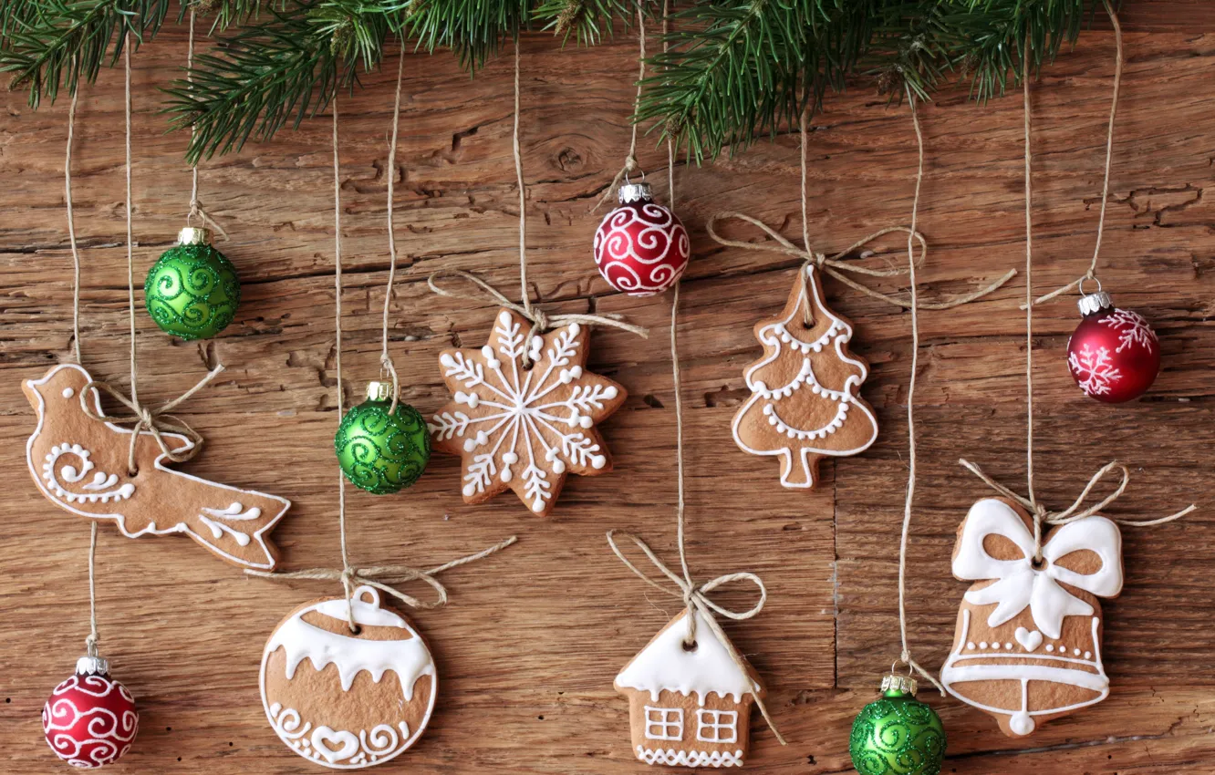 Photo wallpaper holiday, branch, cookies, tree, Christmas decorations, rope