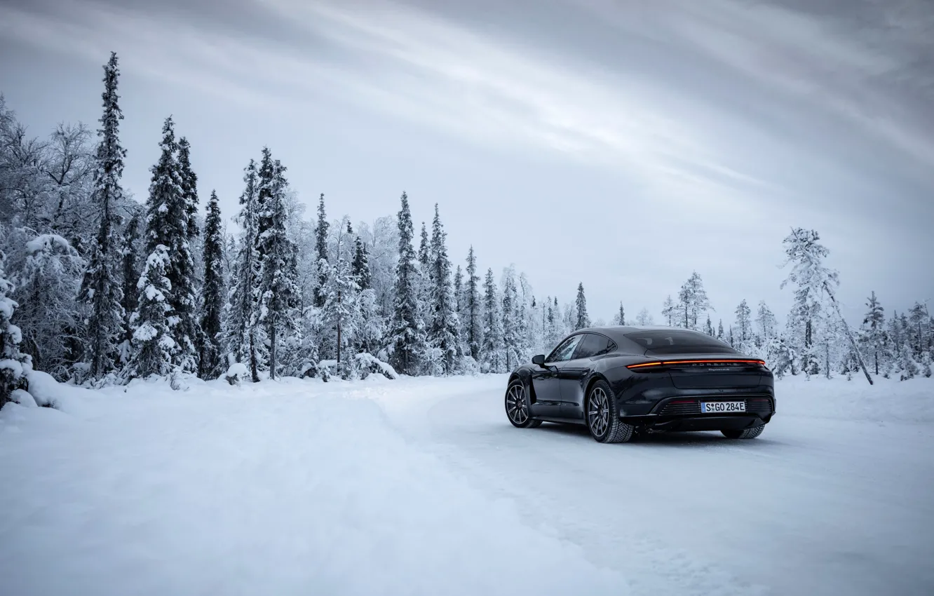 Photo wallpaper winter, road, forest, snow, black, Porsche, 2020, Taycan