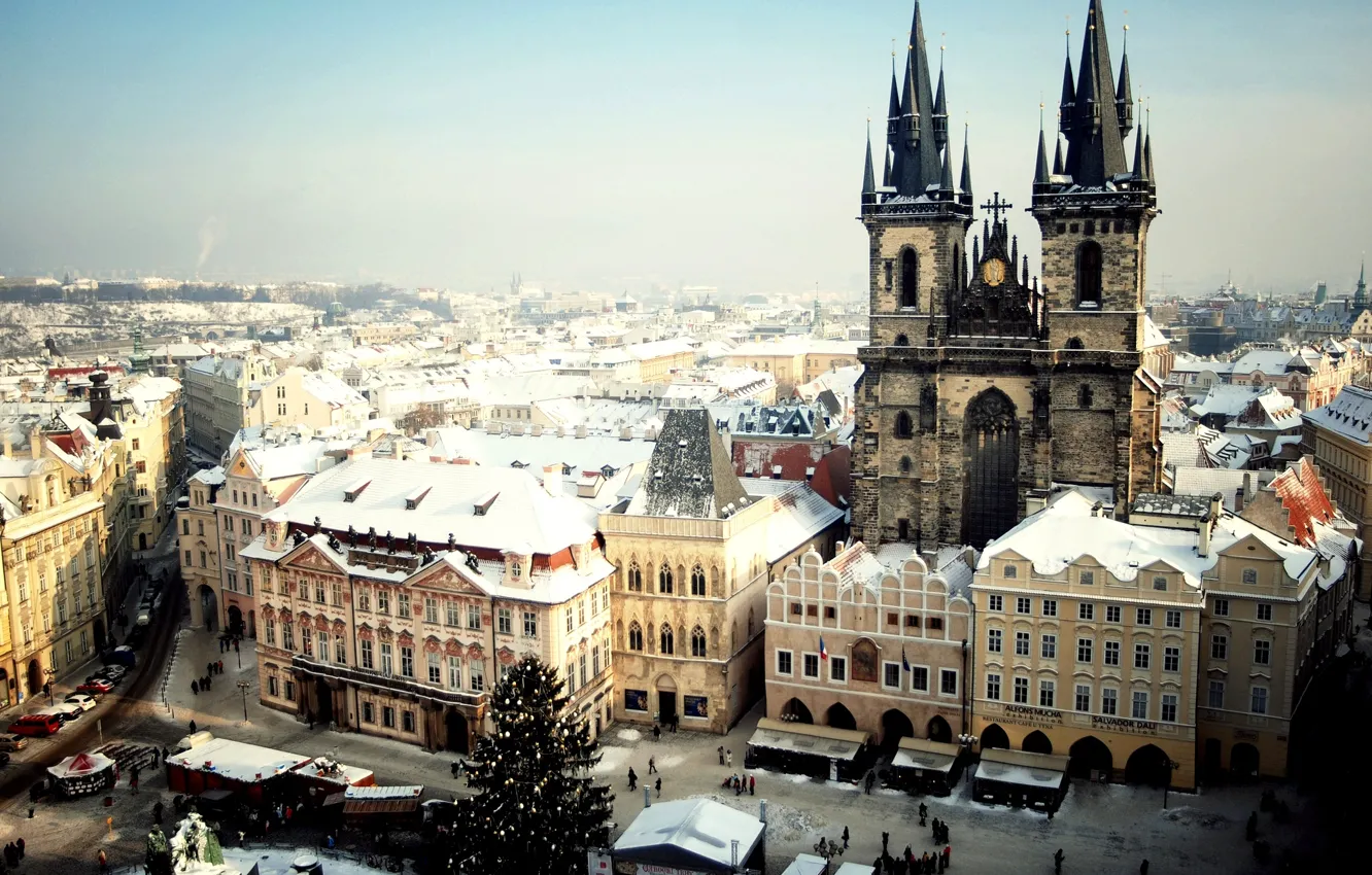 Photo wallpaper winter, snow, the city, people, tree, Prague, Czech Republic, Prague
