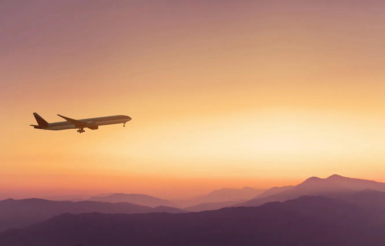Photo wallpaper the sky, sunset, mountains, desert, horizon, glow, the plane, sky