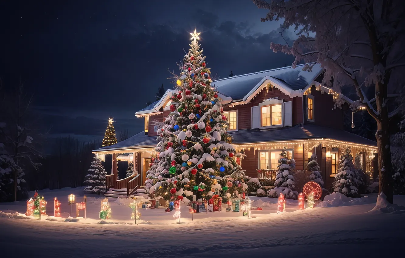 Photo wallpaper snow, decoration, night, lights, tree, new year, home, colorful