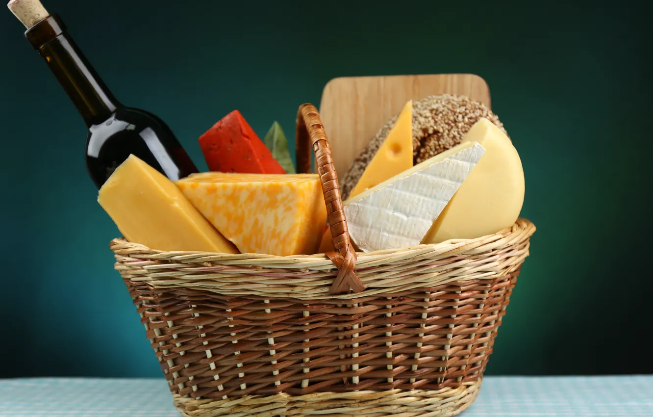 Photo wallpaper wine, basket, cheese
