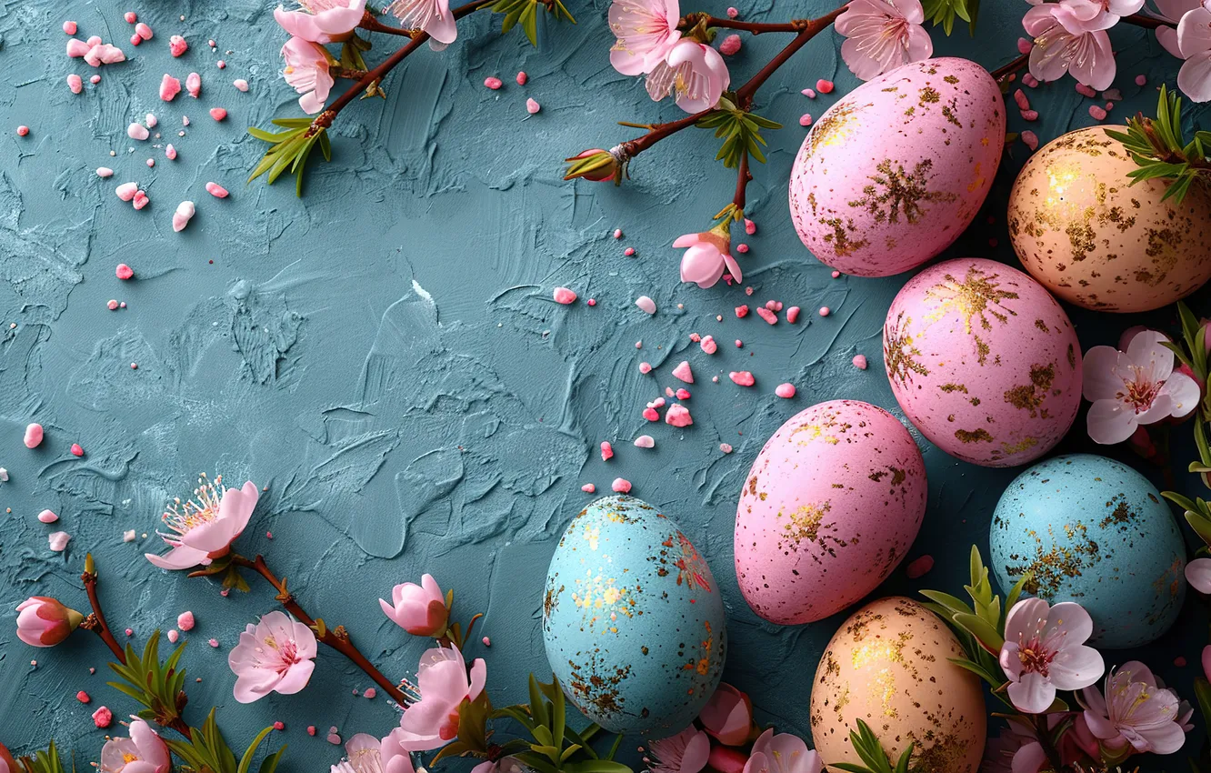Photo wallpaper flowers, eggs, spring, colorful, Easter, happy, pink, blossom